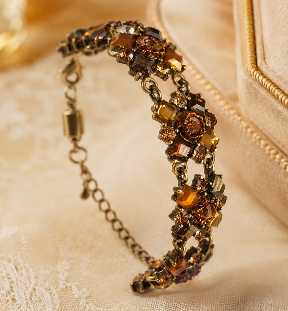 Vintage Amber Topaz Rhinestone Bracelet 7.5” Root Beer Hollywood Regency Glam